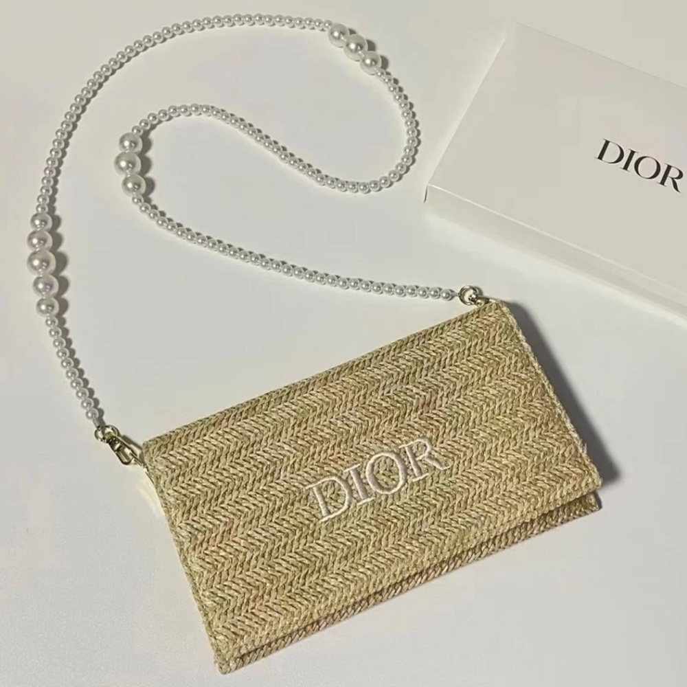 Dior Raffia Straw Pouch Bag with a Detachable unbranded Pearl Strap